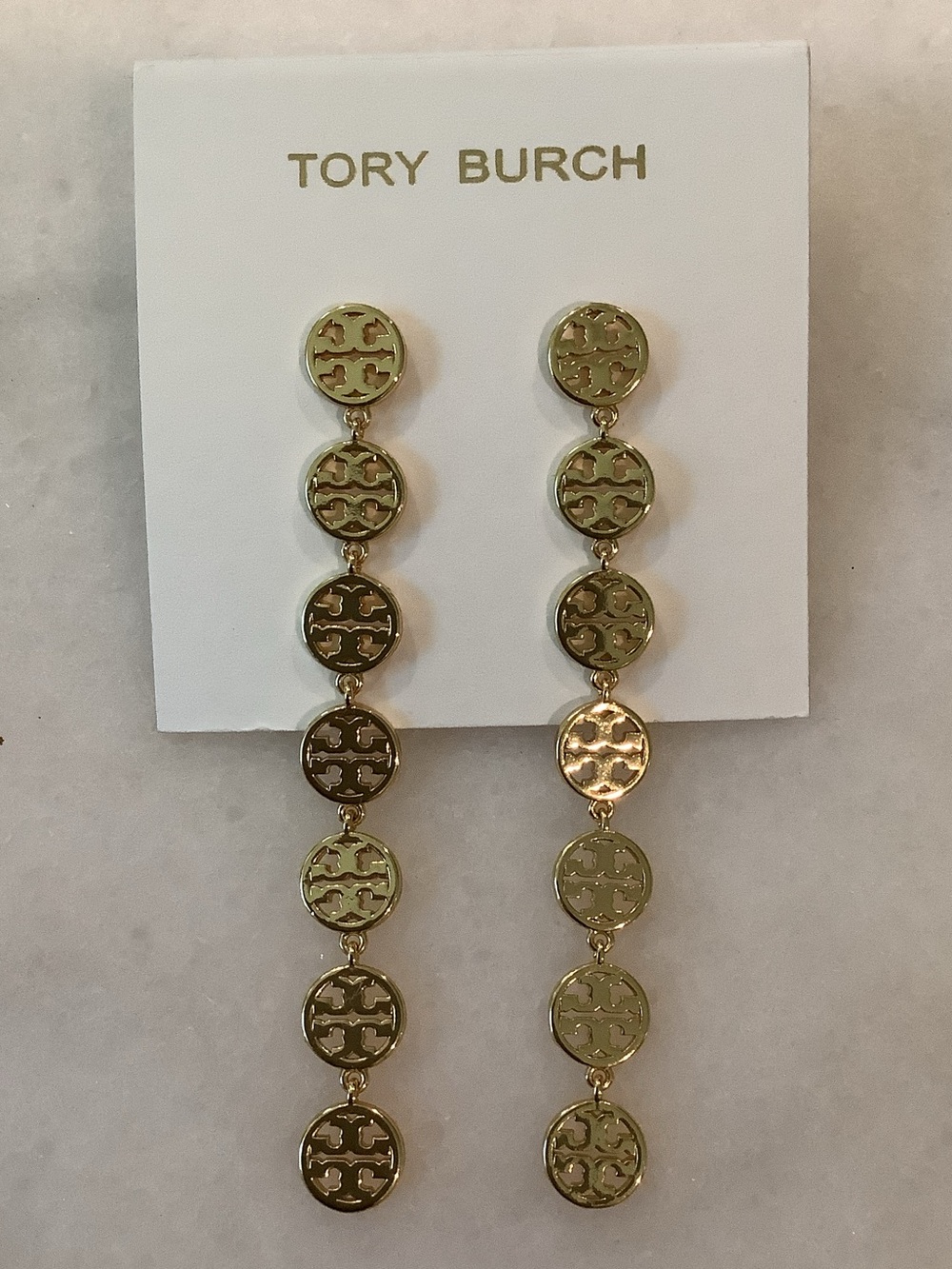 Tory Burch Gold Logo Cascade Drop Earrings, Brand New